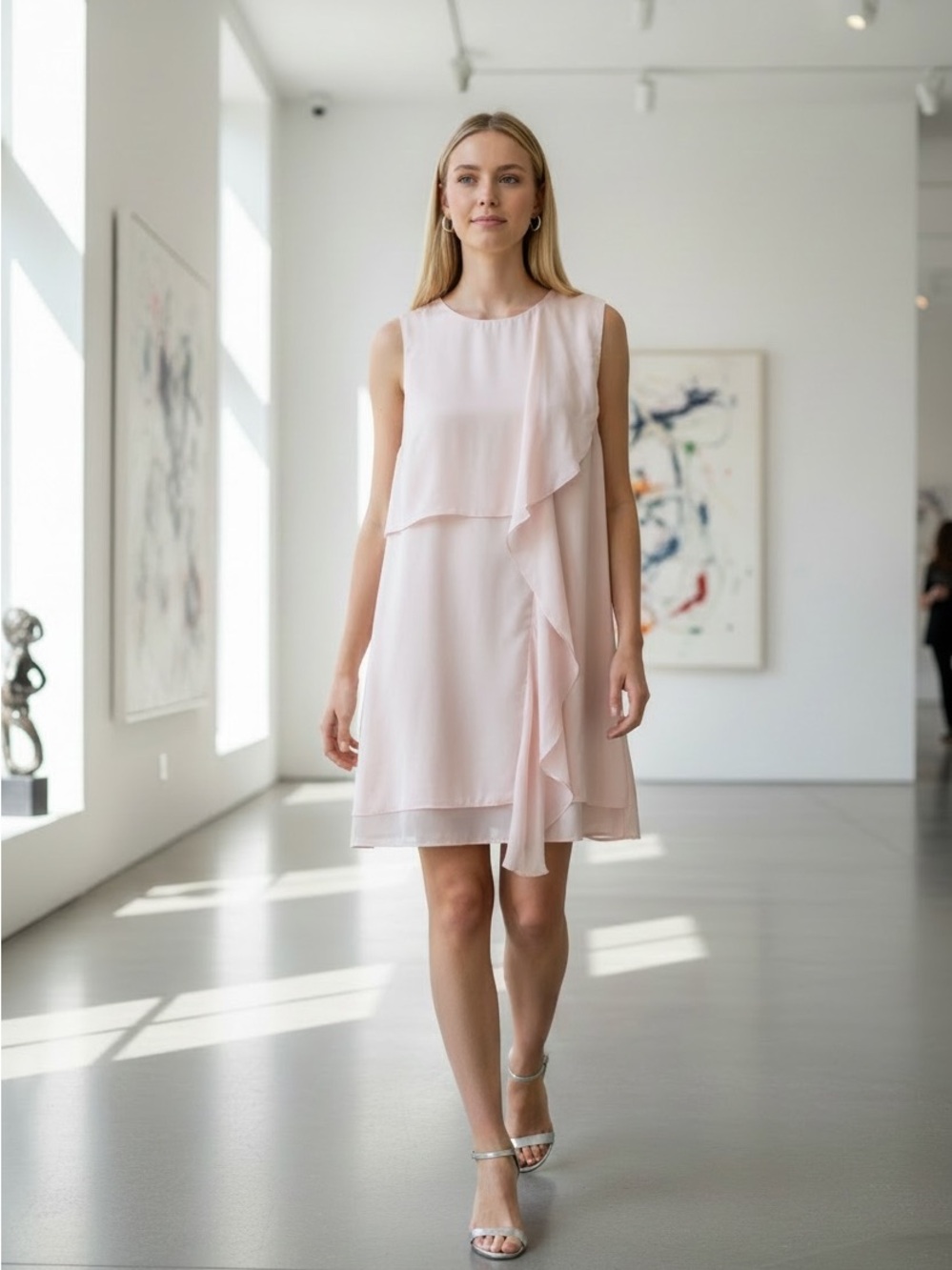 French Connection Blush Pink Ruffle Shift Dress